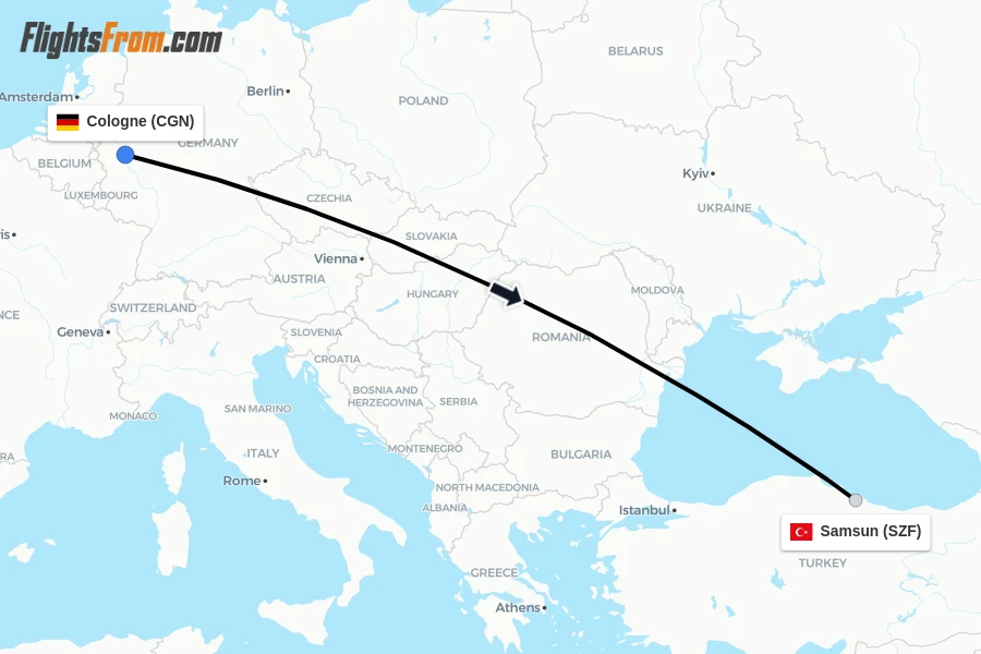 Flights from Cologne to Samsun route map