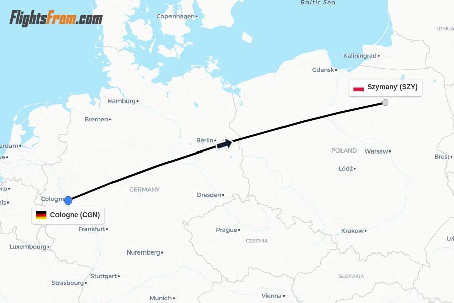 Flights from Cologne to Szymany route map