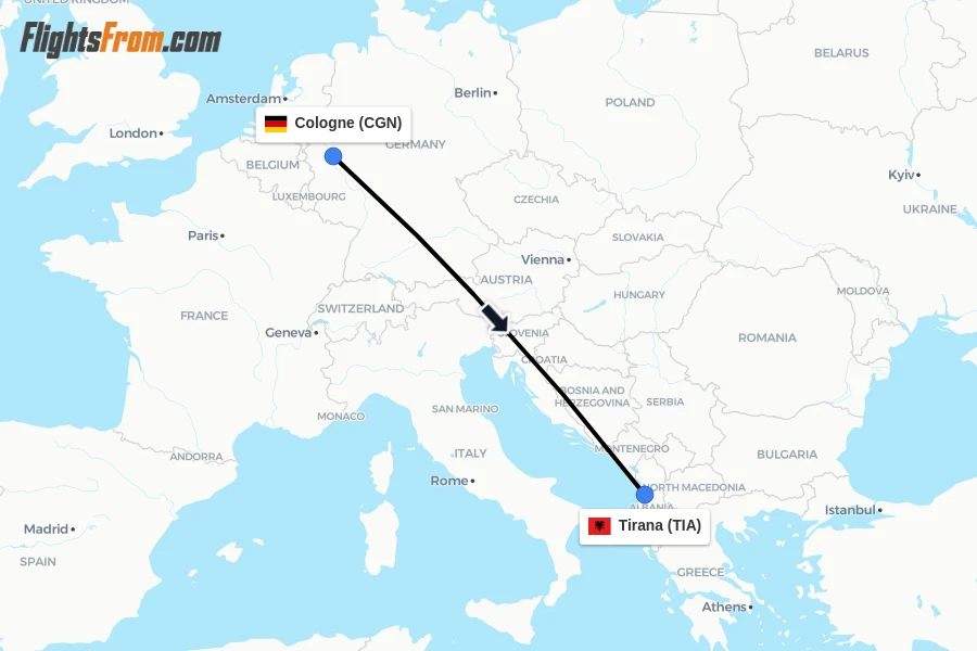 Flights from Cologne to Tirana route map