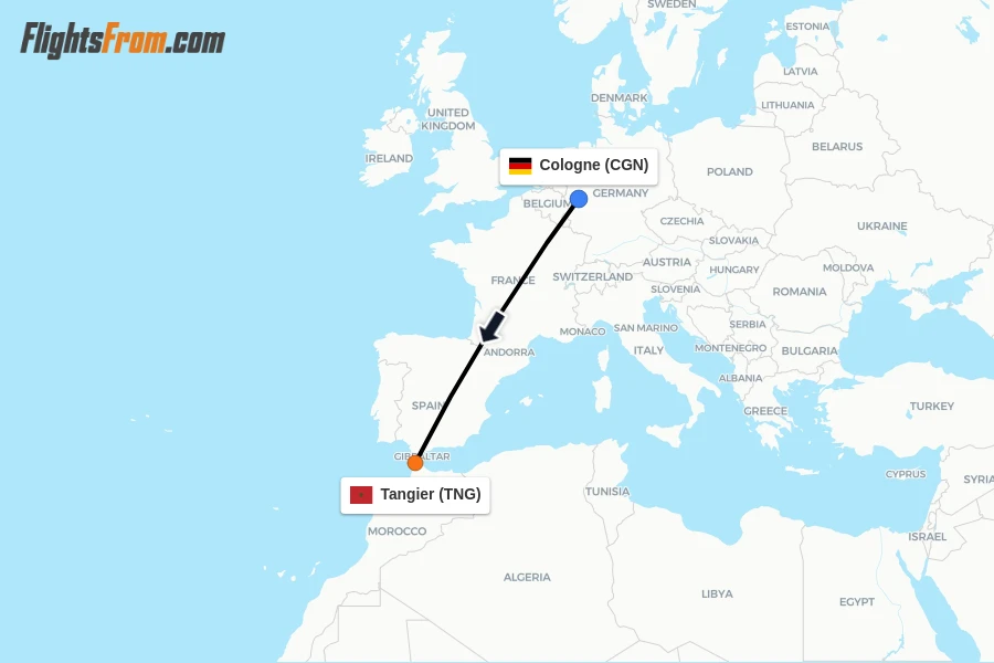 Flights from Cologne to Tangier route map