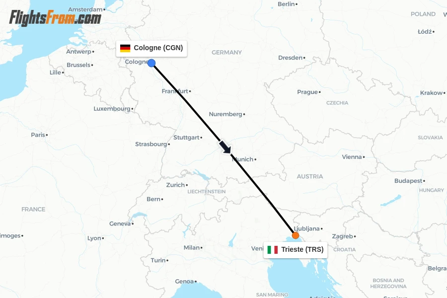 Flights from Cologne to Trieste route map