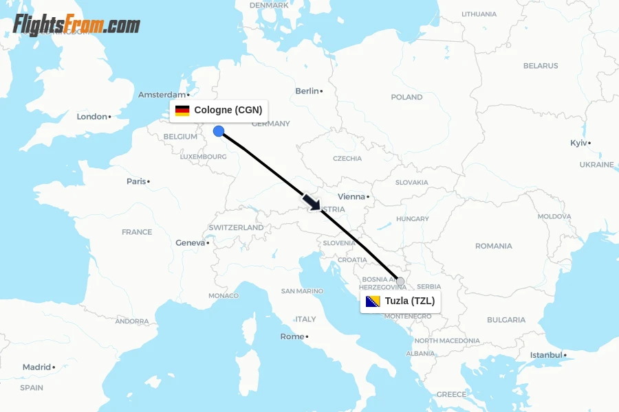 Flights from Cologne to Tuzla route map