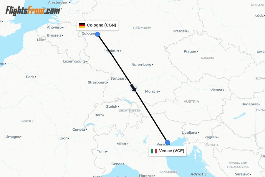 Flights from Cologne to Venice route map
