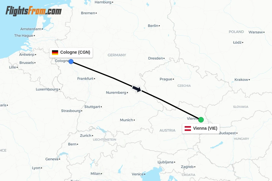 Flights from Cologne to Vienna route map