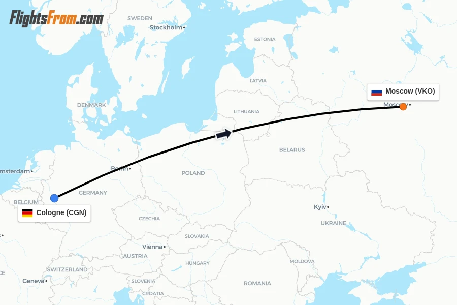 Flights from Cologne to Moscow route map