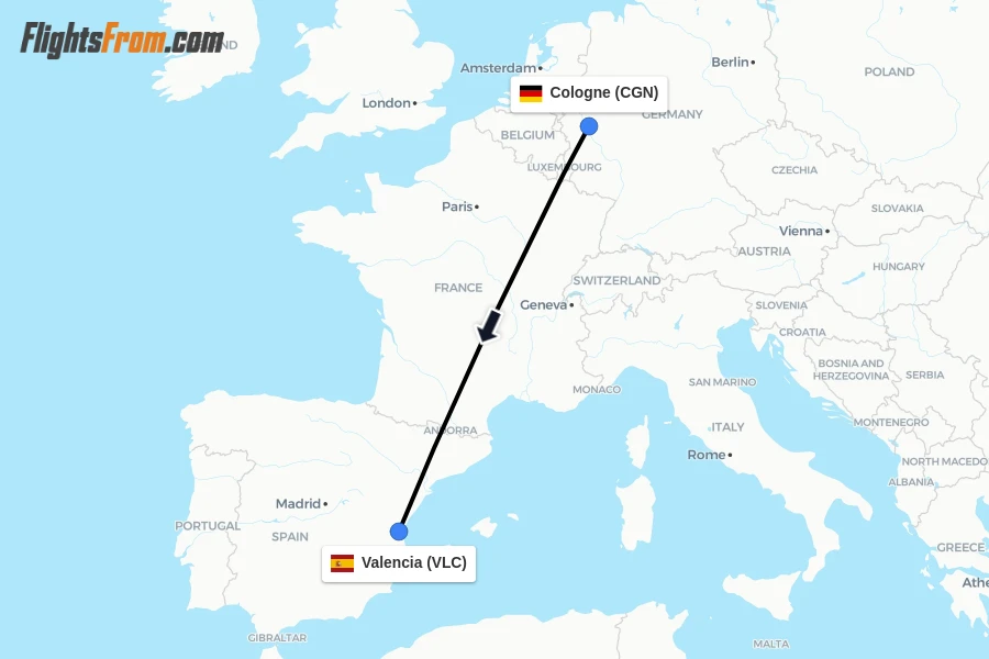 Flights from Cologne to Valencia route map