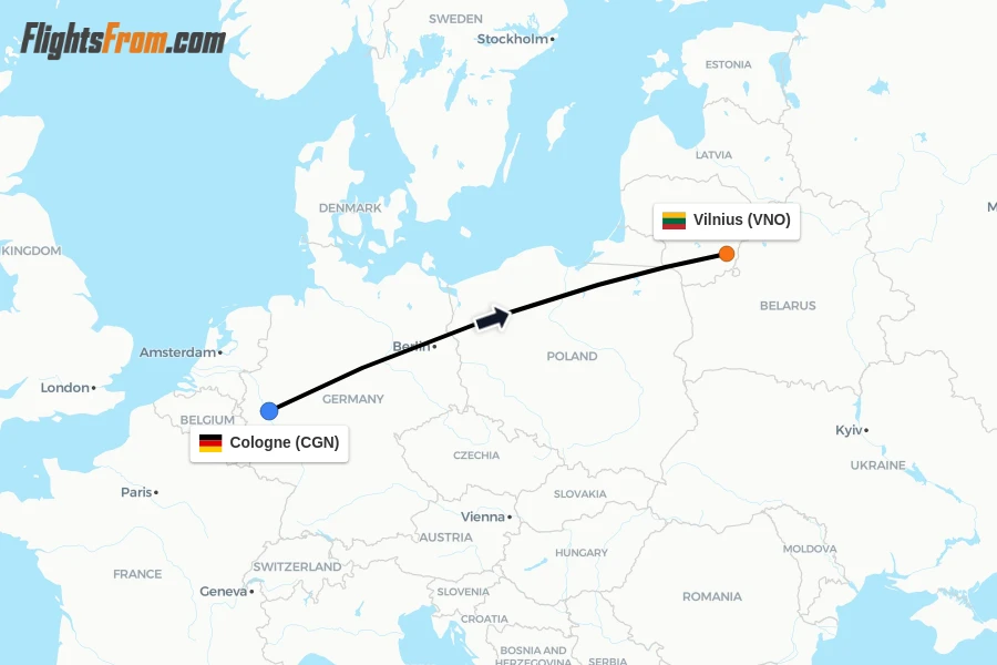 Flights from Cologne to Vilnius route map