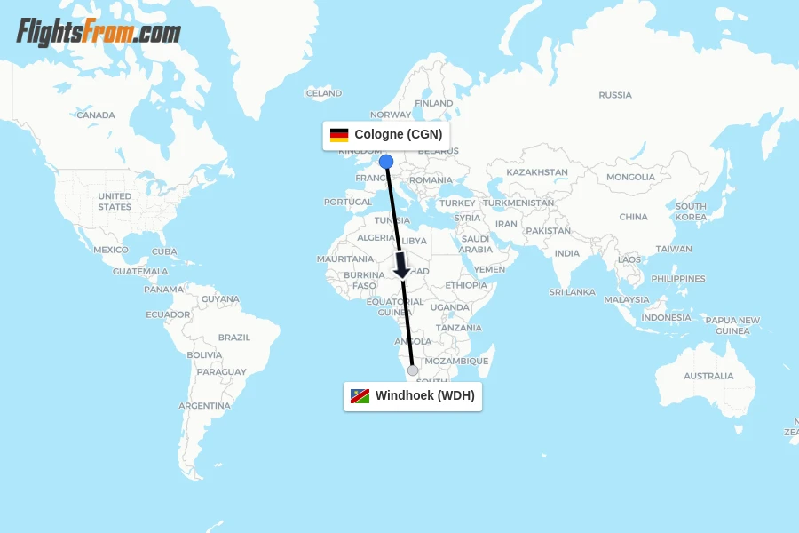 Flights from Cologne to Windhoek route map