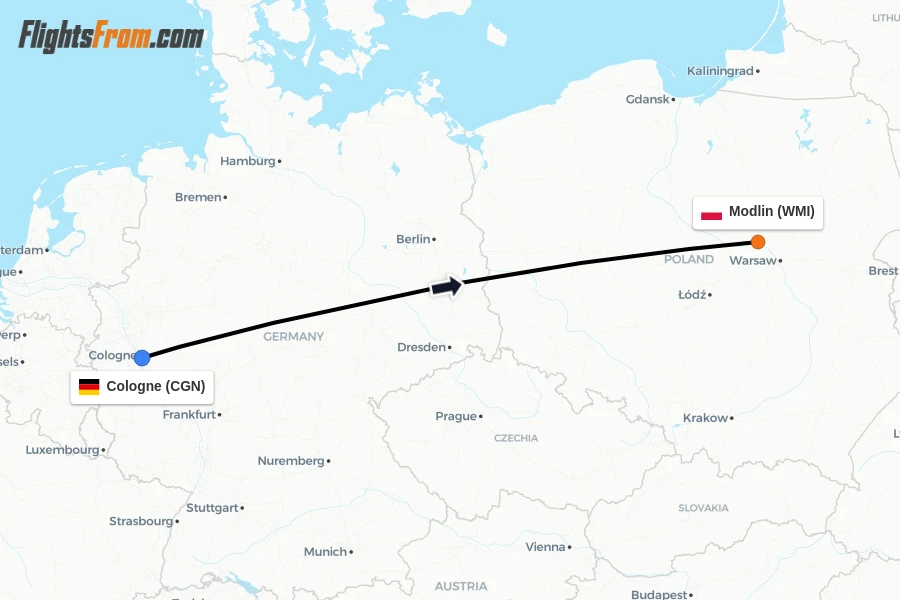 Flights from Cologne to Modlin route map