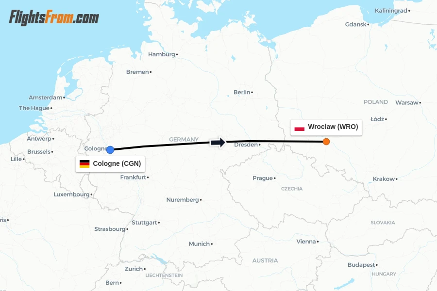Flights from Cologne to Wroclaw route map