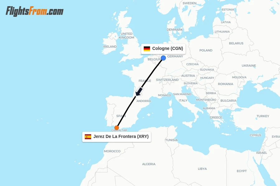 Flights from Cologne to Jerez De La Frontera route map