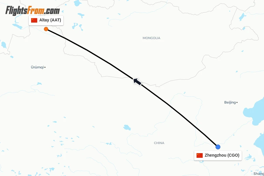 Flights from Zhengzhou to Altay route map