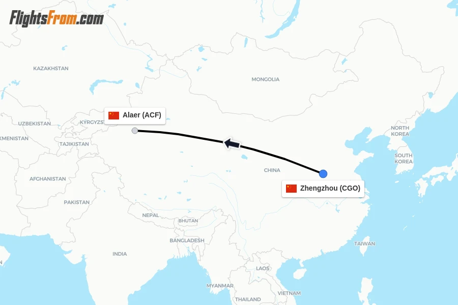 Flights from Zhengzhou to Alaer route map