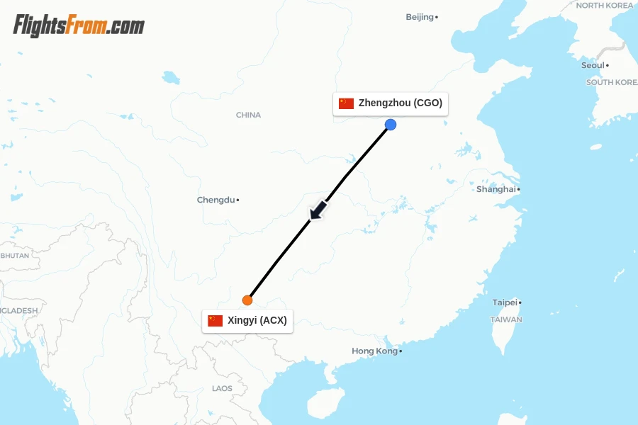 Flights from Zhengzhou to Xingyi route map