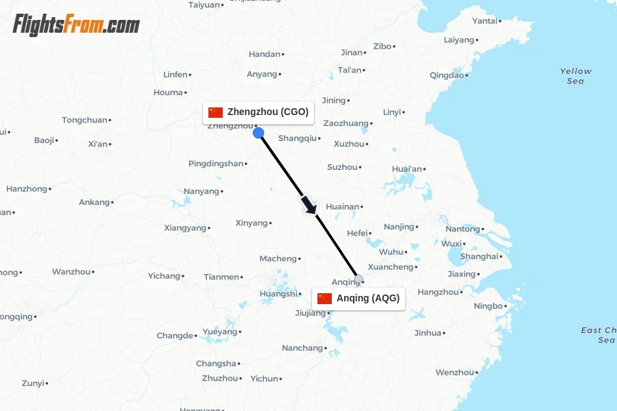 Flights from Zhengzhou to Anqing route map