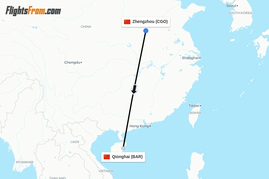 Flights from Zhengzhou to Qionghai route map