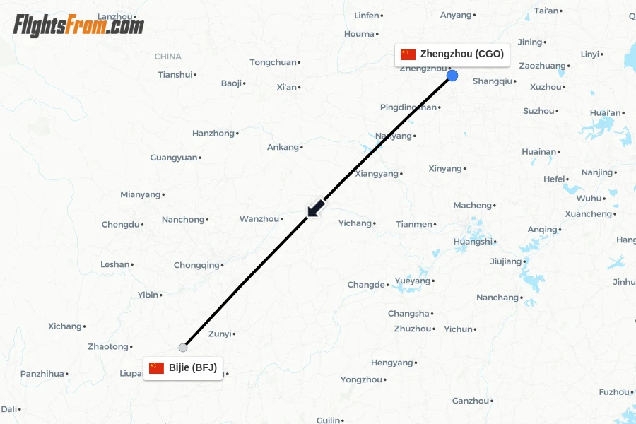 Flights from Zhengzhou to Bijie route map