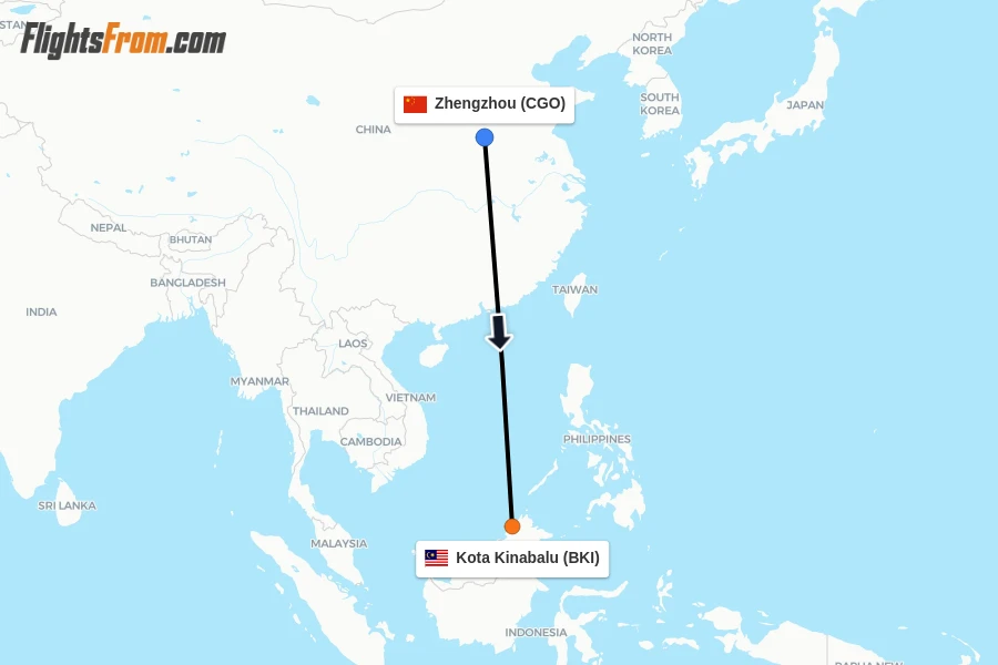 Flights from Zhengzhou to Kota Kinabalu route map