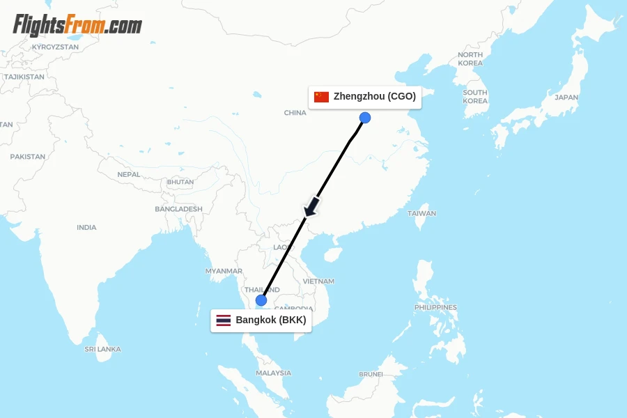 Flights from Zhengzhou to Bangkok route map