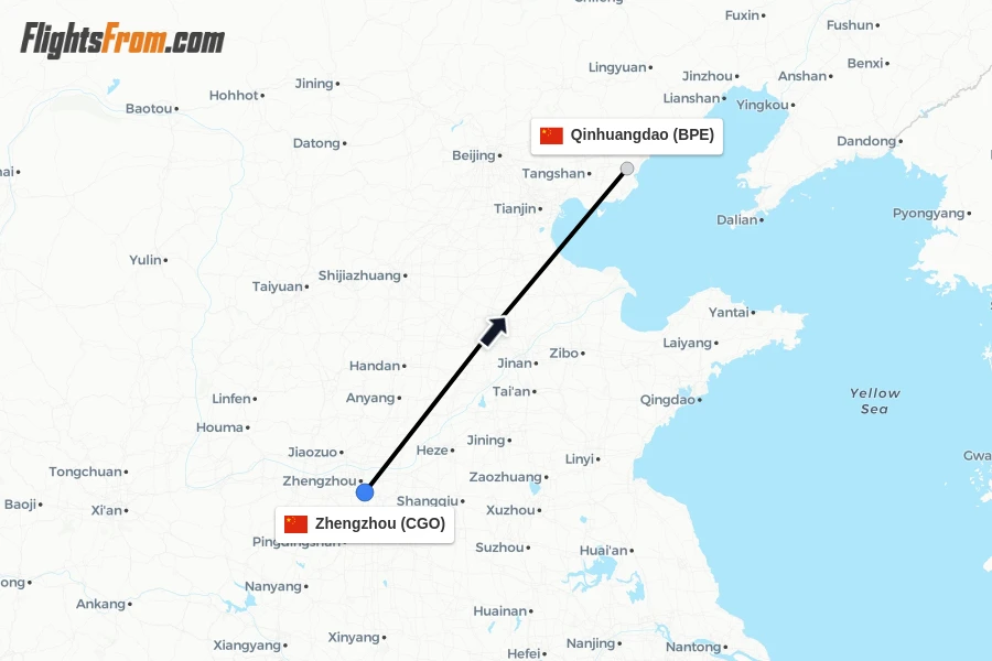 Flights from Zhengzhou to Qinhuangdao route map