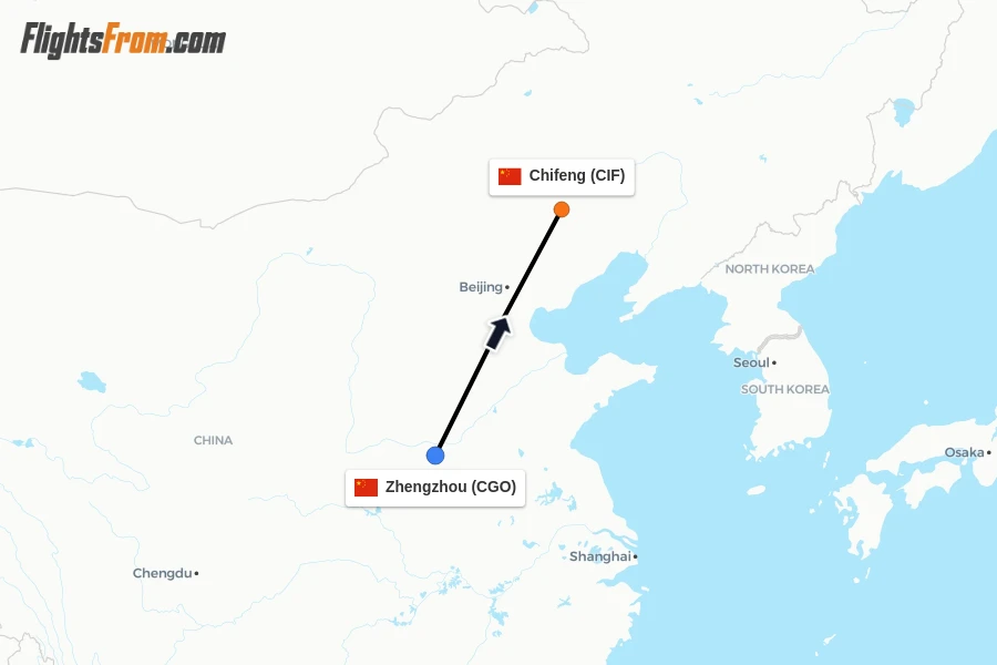 Flights from Zhengzhou to Chifeng route map