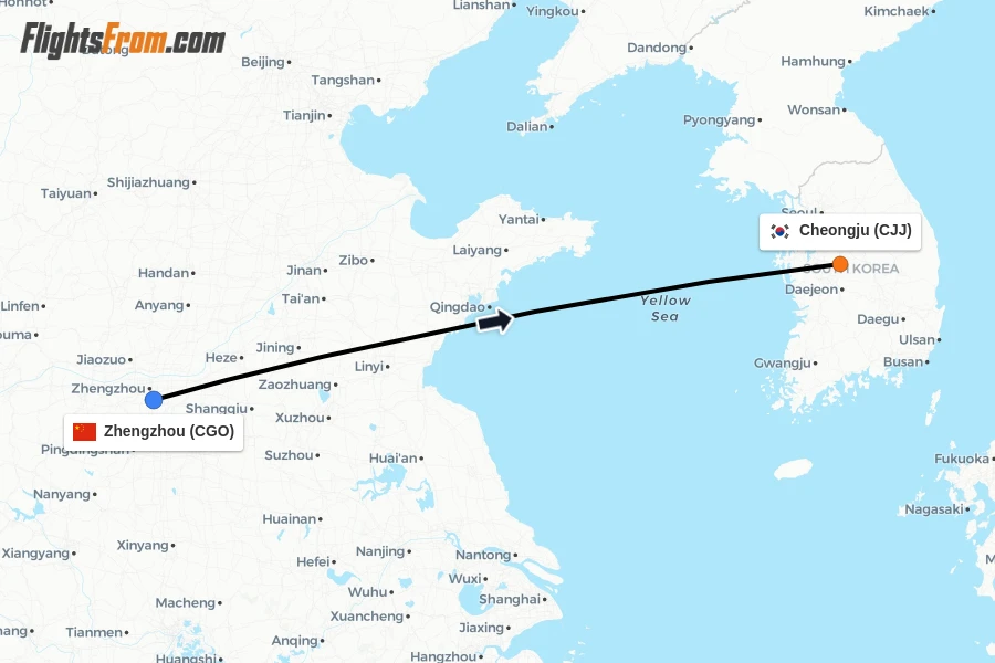 Flights from Zhengzhou to Cheongju route map
