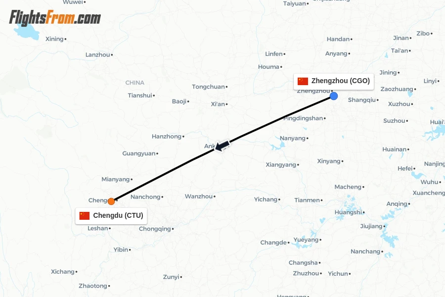 Flights from Zhengzhou to Chengdu route map