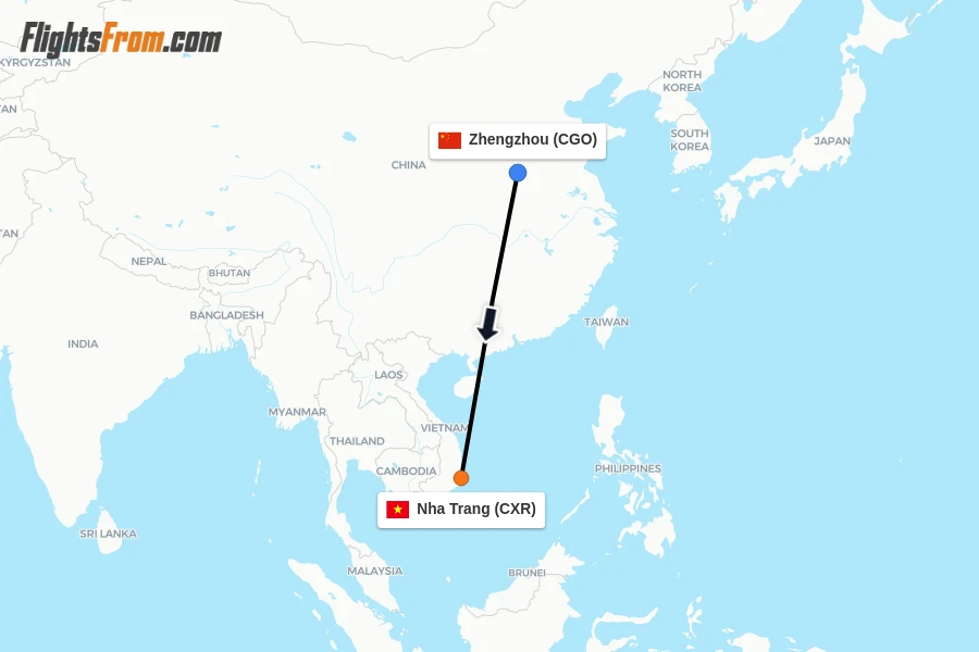 Flights from Zhengzhou to Nha Trang route map