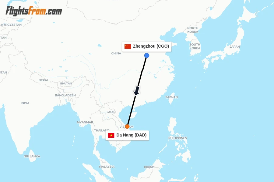 Flights from Zhengzhou to Da Nang route map