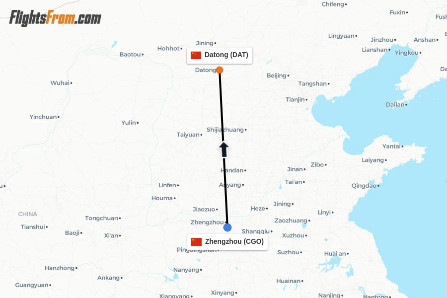 Flights from Zhengzhou to Datong route map