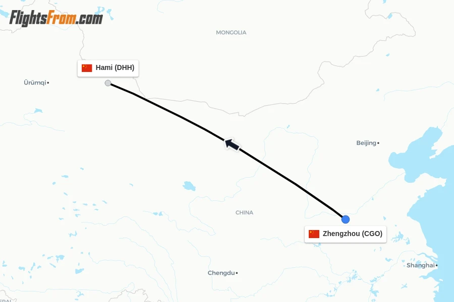 Flights from Zhengzhou to Hami route map