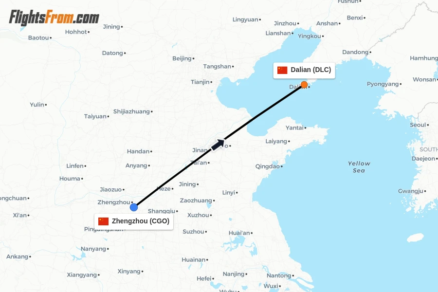Flights from Zhengzhou to Dalian route map