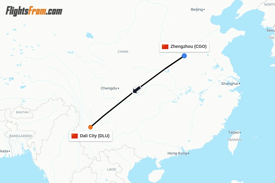 Flights from Zhengzhou to Dali City route map