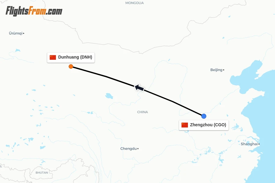 Flights from Zhengzhou to Dunhuang route map