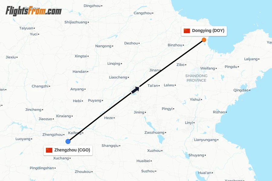 Flights from Zhengzhou to Dongying route map