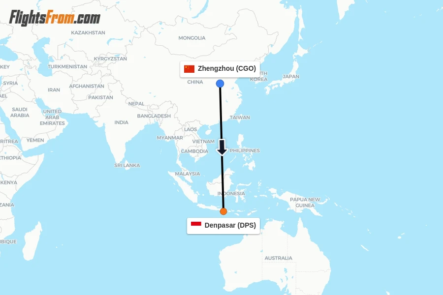 Flights from Zhengzhou to Denpasar route map