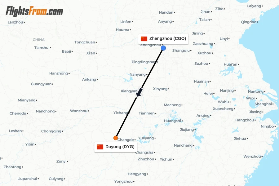 Flights from Zhengzhou to Dayong route map