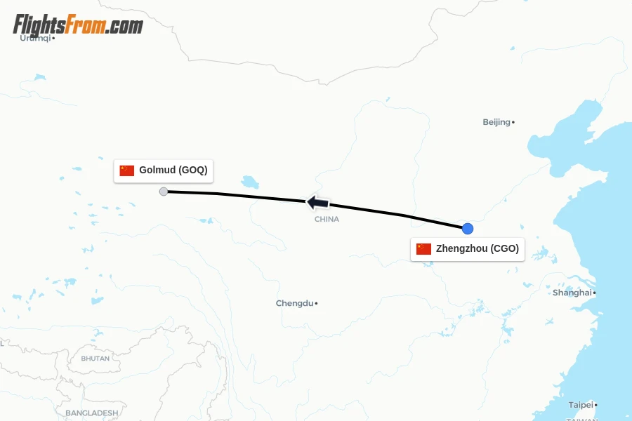 Flights from Zhengzhou to Golmud route map