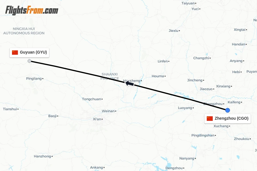 Flights from Zhengzhou to Guyuan route map