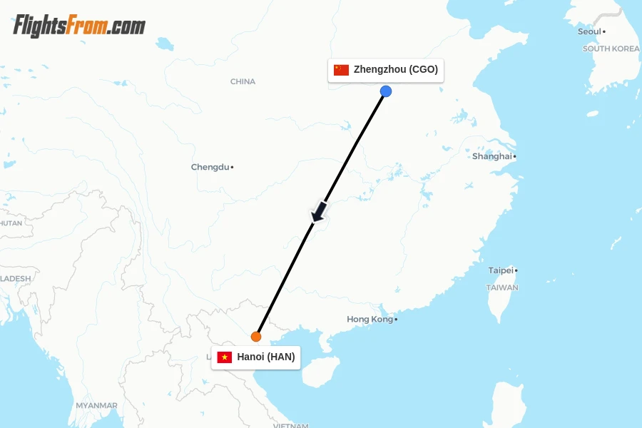 Flights from Zhengzhou to Hanoi route map