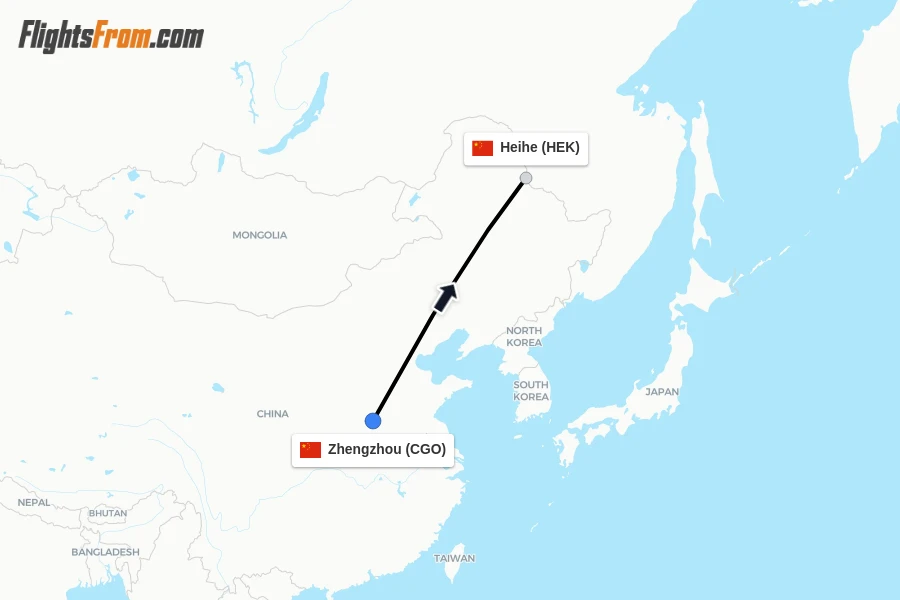 Flights from Zhengzhou to Heihe route map