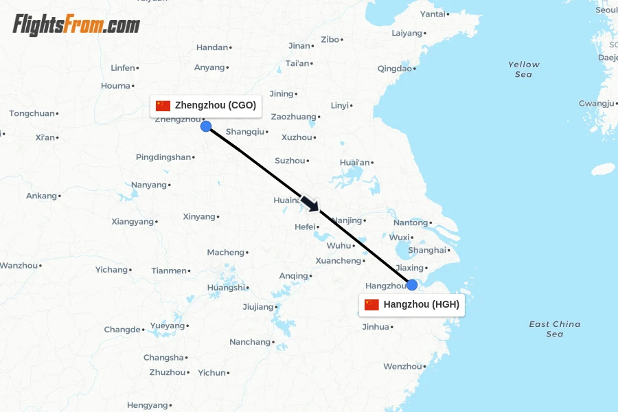 Flights from Zhengzhou to Hangzhou route map