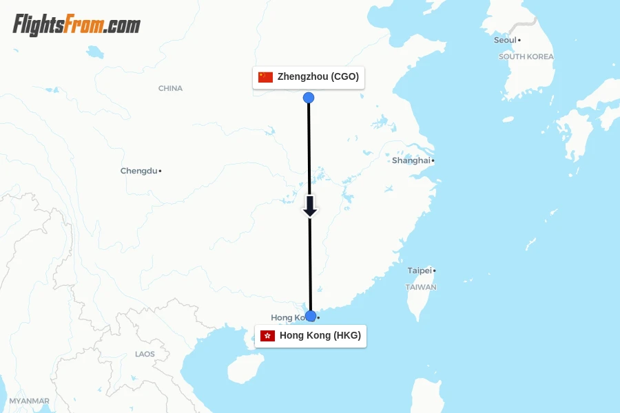 Flights from Zhengzhou to Hong Kong route map