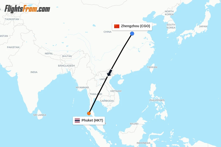 Flights from Zhengzhou to Phuket route map