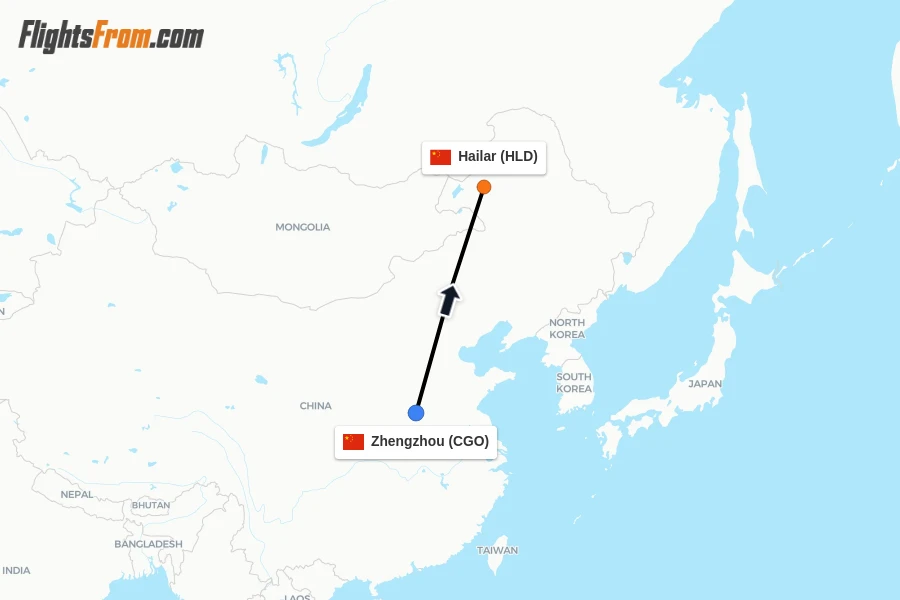 Flights from Zhengzhou to Hailar route map