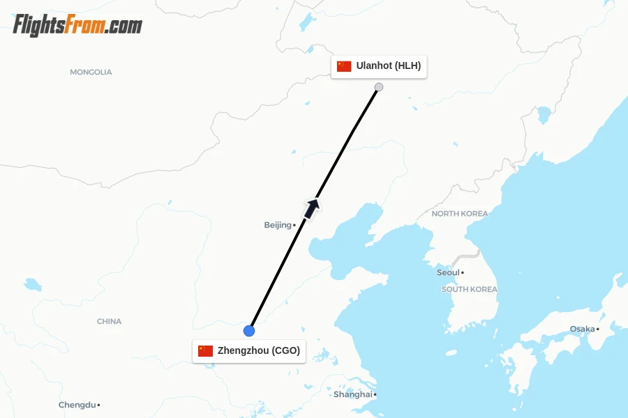 Flights from Zhengzhou to Ulanhot route map