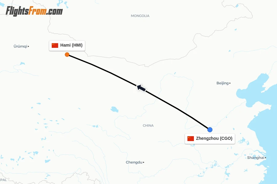 Flights from Zhengzhou to Hami route map