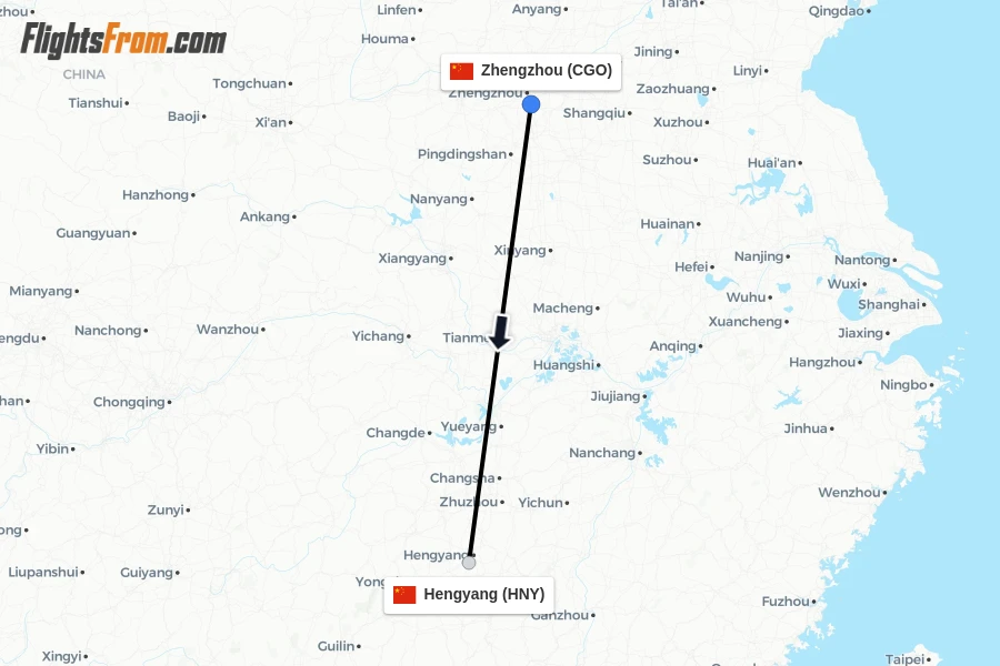 Flights from Zhengzhou to Hengyang route map