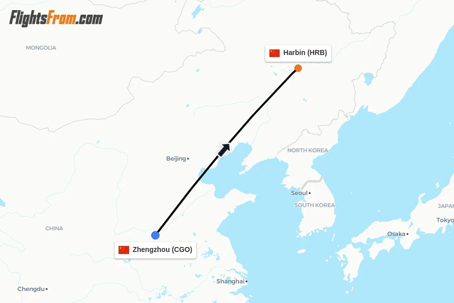 Flights from Zhengzhou to Harbin route map