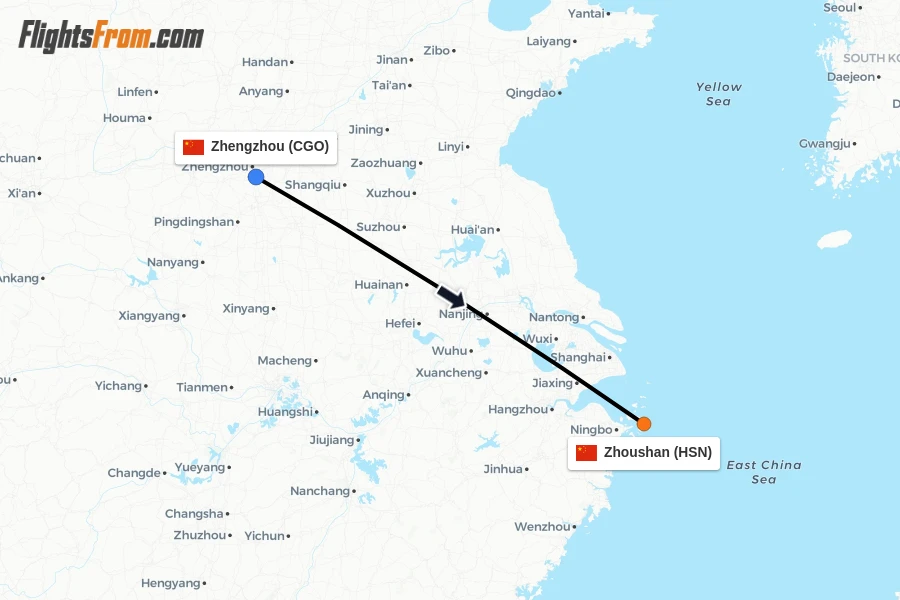 Flights from Zhengzhou to Zhoushan route map